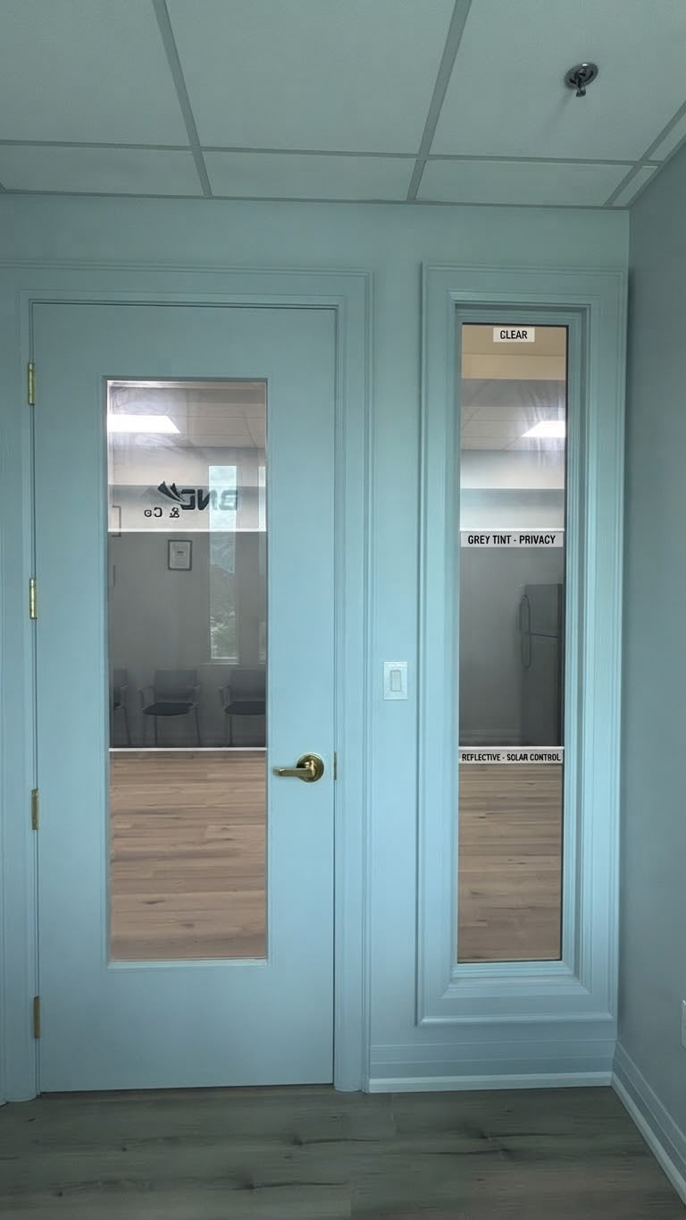 Office glass door with clear, grey privacy and reflective solar film
